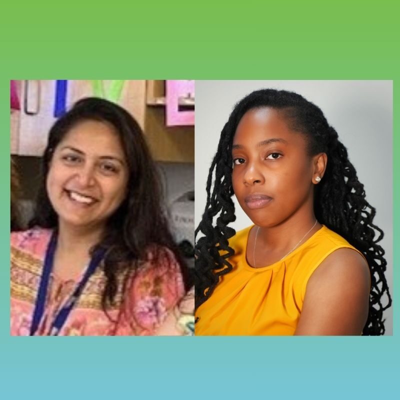 Two people are shown side by side against a gradient background of green fading to blue. On the left, a person with long dark hair is smiling and wearing a patterned top with a lanyard. On the right, a person with long twisted hair is looking forward with a calm expression, wearing a sleeveless yellow top.