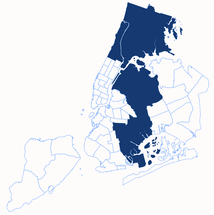 B-HEARD Operating Area Map (Current Coverage) Map of New York City showing the current B-HEARD operating area highlighted in dark blue, covering large sections of Manhattan, the Bronx, and parts of Brooklyn, with all other neighborhoods outlined in light blue.