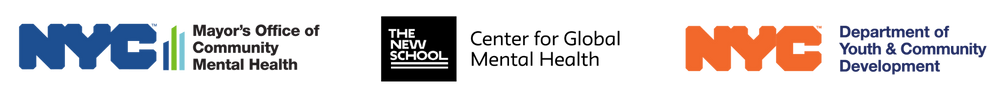 three logos for nyc department of youth and community development, new school for global mental health, and mayor's office of community mental health