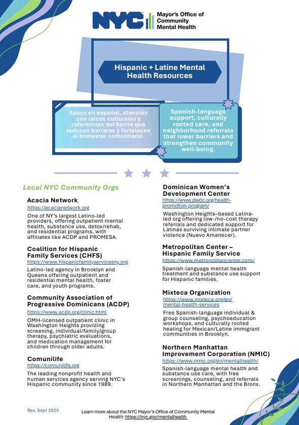 Flyer from the NYC Mayor’s Office of Community Mental Health about youth mental health and substance use services, highlighting the importance of asking youth what they need and listing examples such as a warm bed, a break, a connection, a future, safety, or support for someone else.