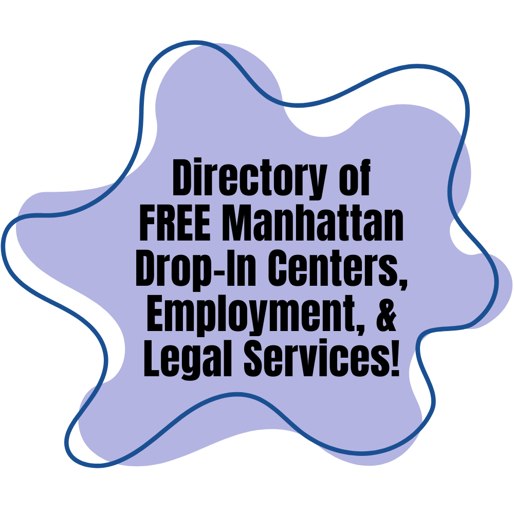 Cover graphic for the NYC Mayor’s Office of Community Mental Health directory highlighting free Manhattan drop-in centers, employment support, and legal services, featuring illustrated New York City skyline landmarks and the Statue of Liberty.