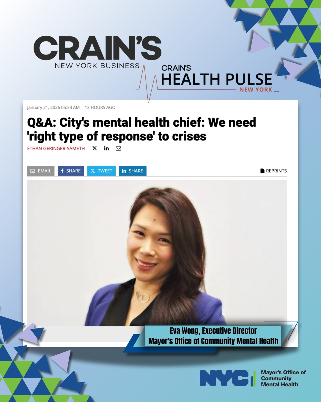 Eva Wong, Executive Director of the NYC Mayor’s Office of Community Mental Health, pictured in a Crain’s Health Pulse article discussing the right response to mental health crises