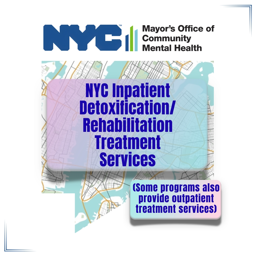 NYC Mayor’s Office of Community Mental Health graphic titled NYC Inpatient Detoxification and Rehabilitation Treatment Services with note that some programs also provide outpatient treatment services, displayed over a map background.